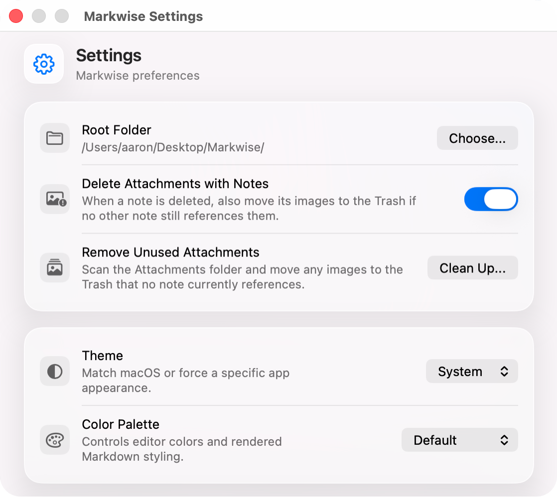 Markwise settings for the root folder, attachment cleanup, app theme and colour palette