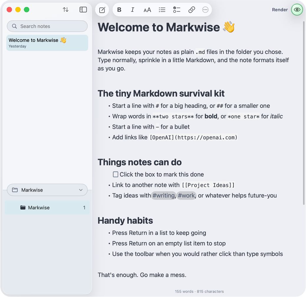 Markwise showing a rendered Markdown note in its quiet blue palette