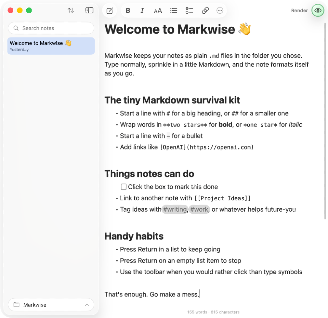 Markwise showing a Welcome note in the white Visual Markdown editor