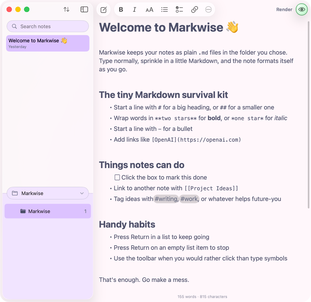 Markwise rendered editor in a soft violet palette