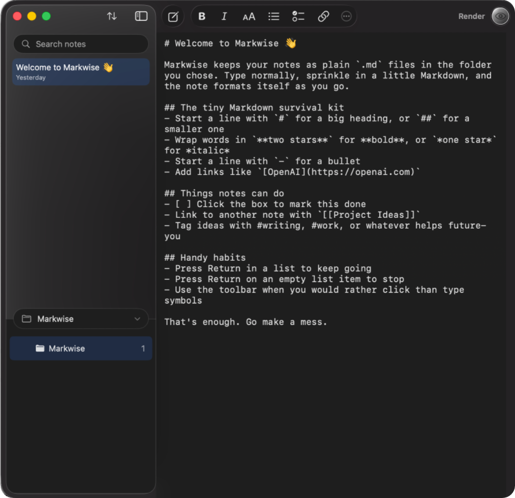 Markwise source editor using the dark system appearance