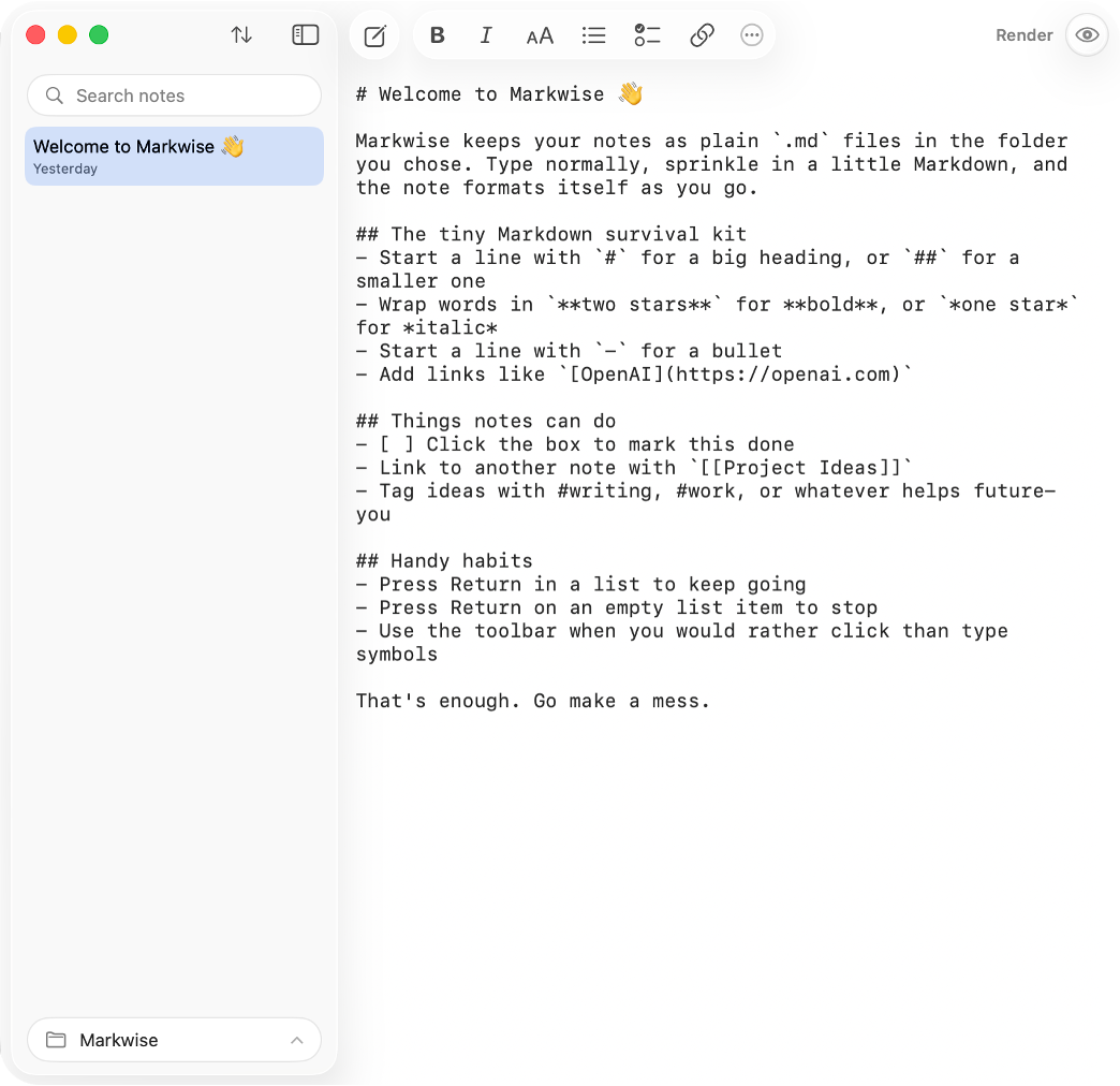 Markwise source editor using the light system appearance