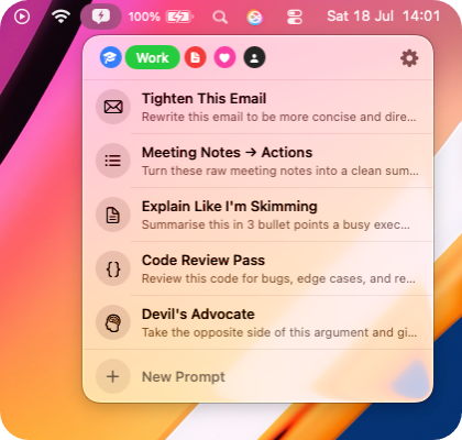 PromptBar open from the Mac menu bar with a Work collection of saved prompts