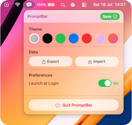 PromptBar preferences with theme colours, import and export, and launch at login